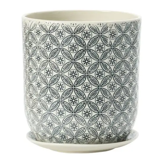 Hello Honey&reg; 7" Black & Cream Hand-Stamped Pattern Stoneware Pot & Saucer Set {1}