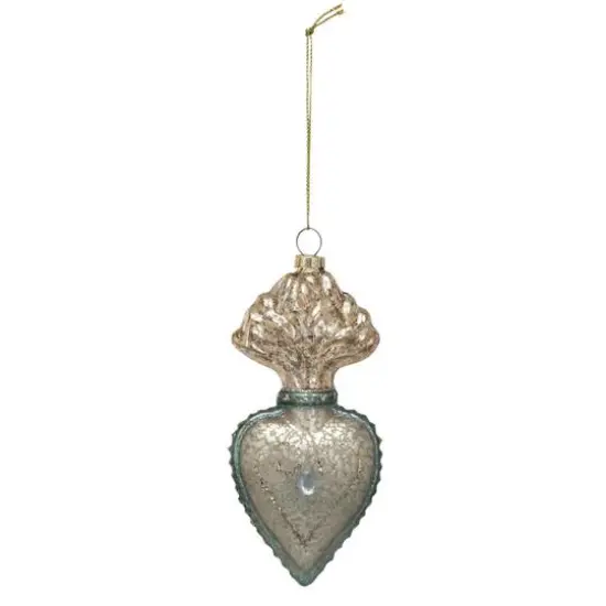 Hello Honey® 5.5" Silver Finish & Aqua Mercury Glass Sacred Heart Ornament with Glitter & Jewel {1}