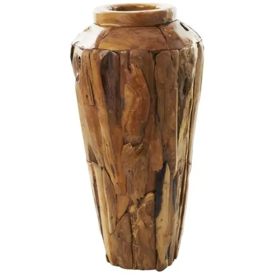Brown Teak Wood Handmade Tall Floor Vase with Mosaic Live Edge {9}