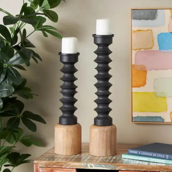 Black Metal Turned Style Pillar Candle Holder with Brown Wood Bases Set {3}