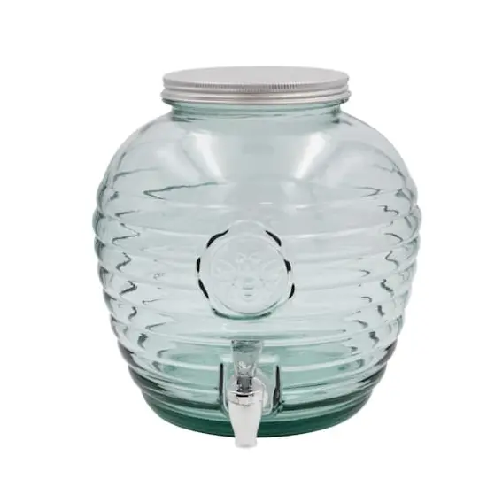 Hello Honey® 9.75" Clear Reclaimed Glass Ribbed Beverage Dispenser with Bee Embossing {1}