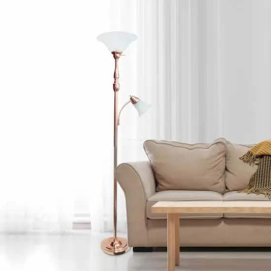 Lalia Home Torchiere Floor Lamp with Reading Light Rose Gold/White Shades {3}