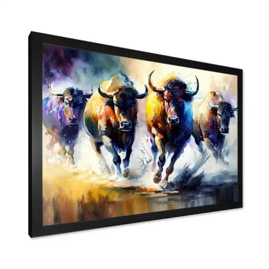 Designart 'Buffalo's Running' Animals Framed Canvas Wall Art Thick Black {3}