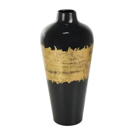 16" Black Metal Abstract Vase with Gold Detailing {7}