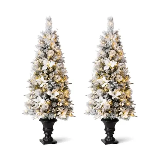 5ft. Pre-Lit Flocked Pine Artificial Christmas Tree in Planter Set, Warm White LED Lights {1}