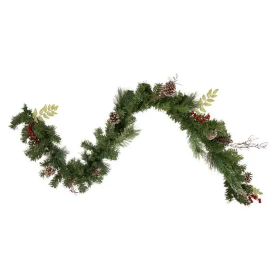 Pre-Decorated Frosted Pine Cones & Red Berry Artificial Garland, Unlit {1}