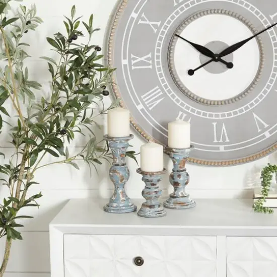 Light Blue Mango Wood Country Cottage Candle Holder Set {7}