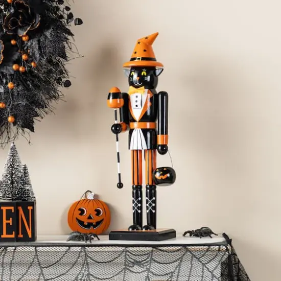 Glitzhome&reg; 18.5"H Halloween Wooden Black Cat Nutcracker with Pumpkin Ornament {4}
