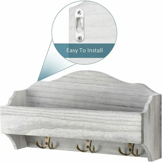 Rustic White Wooden Mail 1-Piece Floating Wall Shelf With 6 Key Hooks {4}