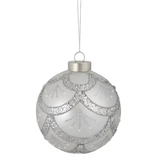 4" Glittered Silver Glass Ball Ornament {1}