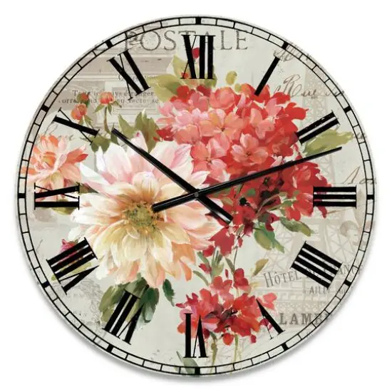 Designart 'Red Painted Flowers On Vintage Postcard I Traditional Wall Clock {1}