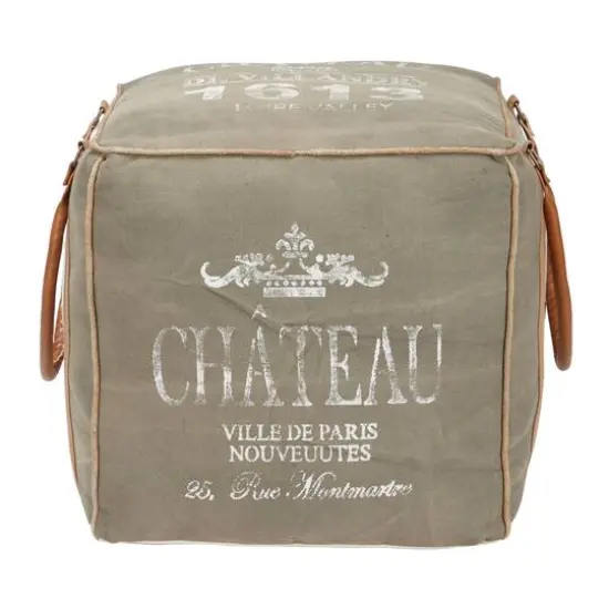 Gray Fabric and Leather Rustic Pouf, 17" x 21" x 21" {3}