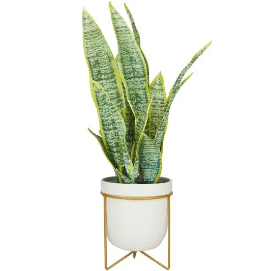 25" Green Snake Faux Foliage Artificial Plant with White Porcelain Pot and Gold Stand {6}