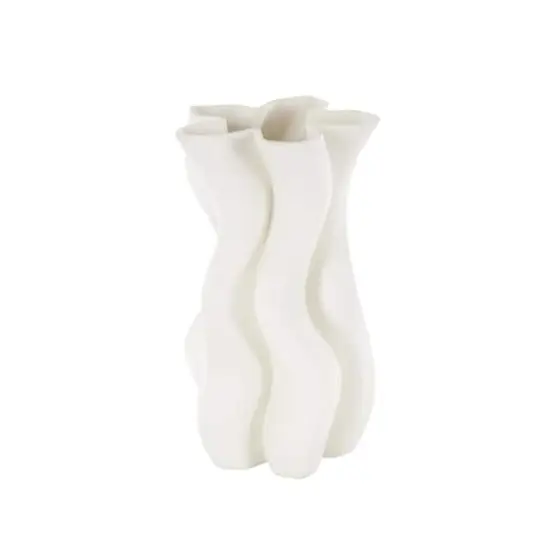 White Ceramic Abstract Ribbed Dimensional Wavy Vase with Floral Shaped Rim {3}