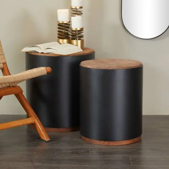 Black Metal Accent Table with Brown Wood Top Set of 2 21", 19" {8}