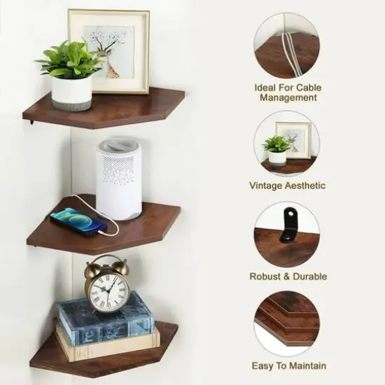 Burnt Brown Wall Mounted Wood Floating Corner Shelf Set {4}