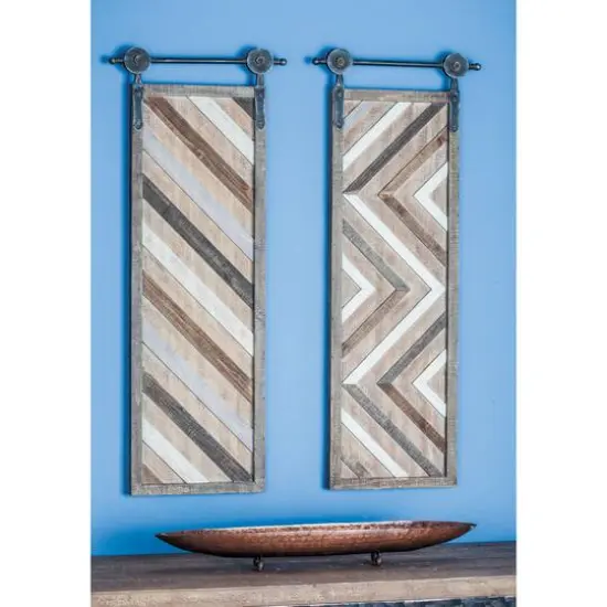 Set of 2 Brown Wood Farmhouse Abstract Wall Decor, 16" x 39" {10}