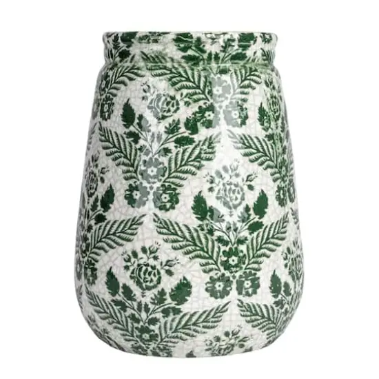 Hello Honey&reg; 10.75" Green & White Flower Patterned Terra Cotta Planter Vase with Crackle Glaze {6}