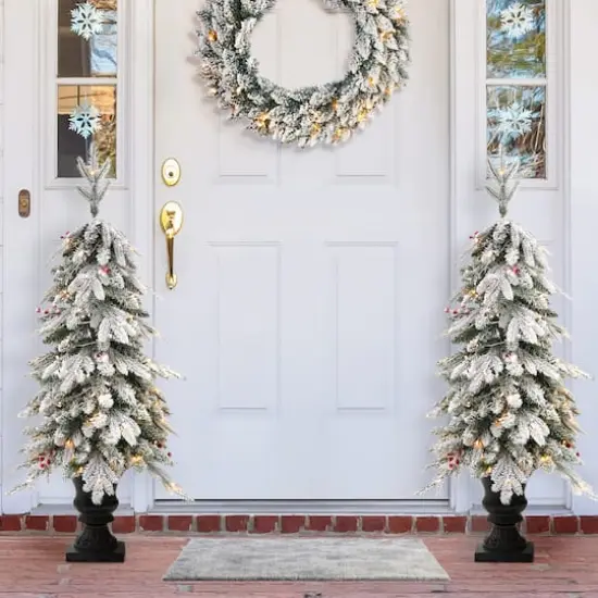 2 Pack 4ft. Pre-Lit Flocked Red Berry Fir Artificial Christmas Porch Tree in Urn, Warm White Lights {3}