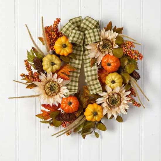 24" Pumpkin, Sunflower Artificial Autumn Wreath With Decorative Ribbon {4}