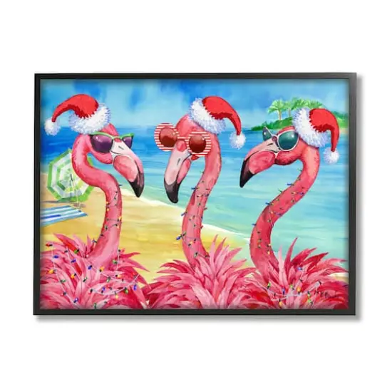 Stupell Industries Holiday Lights Flamingos Beach Framed Giclee Art Black {1}