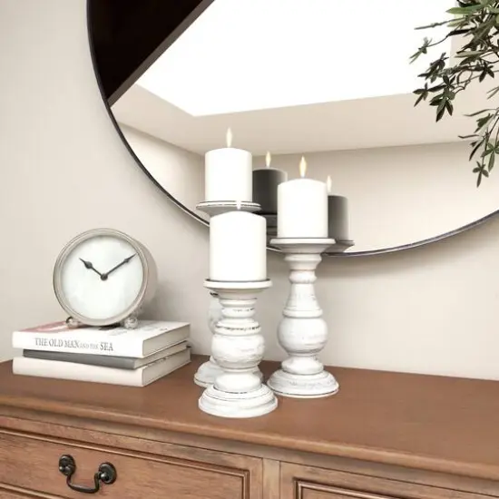 Mango Wood Traditional Candle Holder Set White {13}