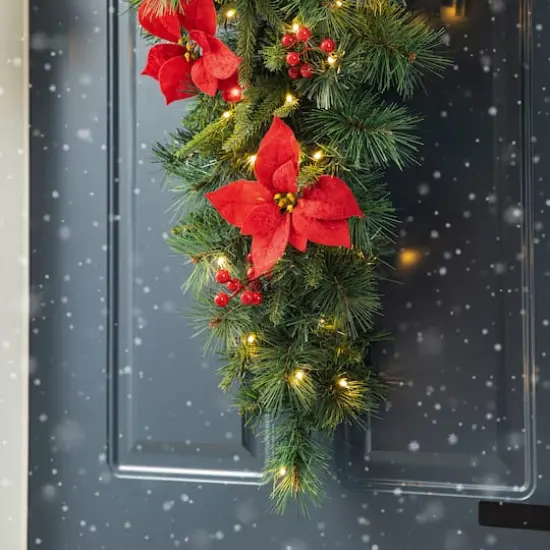 Glitzhome&reg; 3ft. Pre-Lit Pine, Poinsettia & Berries Christmas Teardrop Swag {5}