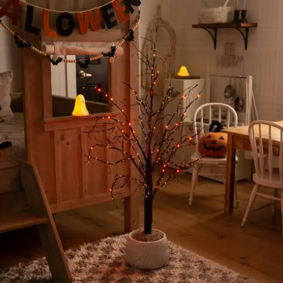 4ft. Pre-Lit Halloween Black Twig Artificial Tree with 180 Orange & Purple LED Lights {11}