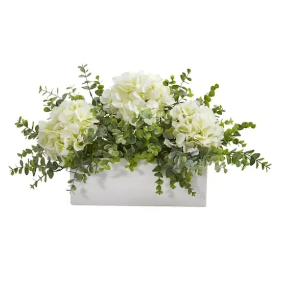 15" Hydrangea & Eucalyptus Artificial Arrangement In White Vase {1}