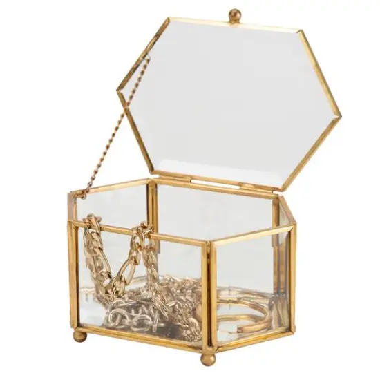 Home Details Vintage Mirrored Bottom Gold Hexagonal Glass Keepsake Box {7}