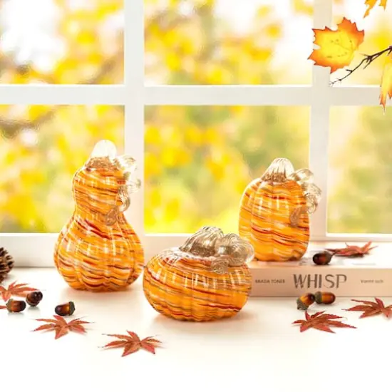 Glitzhome&reg; Multi Stripes Glass Pumpkin & Gourd Set {4}