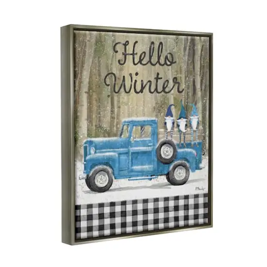 Stupell Industries Hello Winter Plaid Gnomes Gold Framed Floater Canvas Wall Art Gray {4}