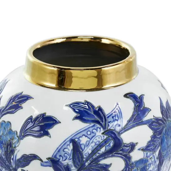 14" Blue Ceramic Floral Decorative Jar {6}