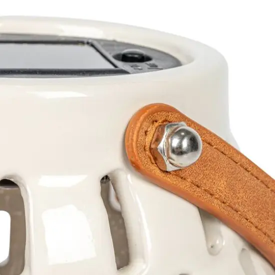 Hello Honey&reg; 8" White & Brown Stoneware Rechargeable LED Solar Powered Waterproof Lantern {7}