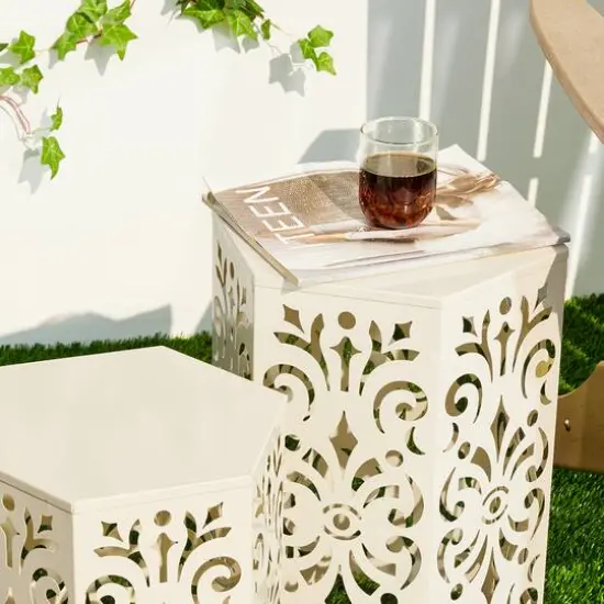 Glitzhome&reg; White Floral Motif Hexagonal Garden Stool Set {6}