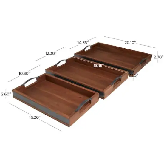 Brown & Black Wooden Nesting Tray with Metal Handles Set {4}