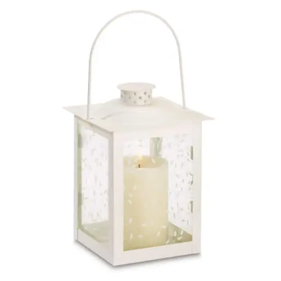 8" Large White Square Candle Lantern with Leaves {1}