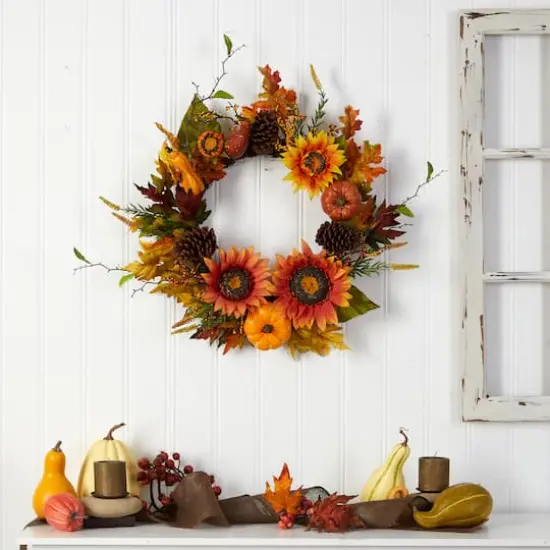 24" Sunflower, Pumpkin, Gourds, Pinecone & Berries Autumn Artificial Wreath {5}