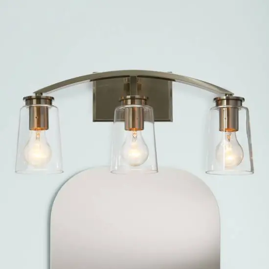 Hello Honey&reg; Robert Stevenson Lighting Laguna Metal & Clear Glass 3-Light Vanity Brushed Nickel {5}