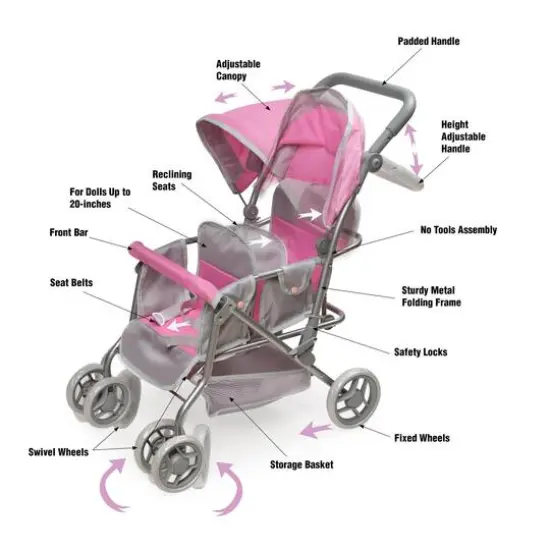 Badger Basket Gray & Pink Cruise Folding Inline Double Doll Stroller {9}
