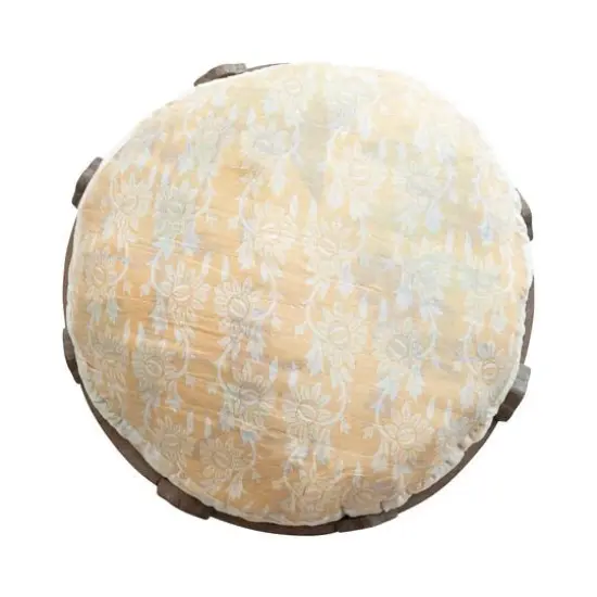 Hello Honey&reg; 24" Carved Reclaimed Wood Stool with Bleached Vintage Cotton Kantha Patchwork Cushion {6}
