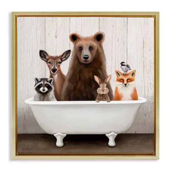 Stupell Industries Woodland Creatures Antique Bathtub Floater Framed Art Gold {1}