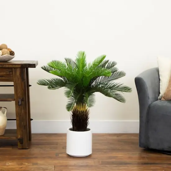 30in. UV Resistant Artificial Cycas Palm Tree in White Decorative Planter (Indoor/Outdoor) {9}