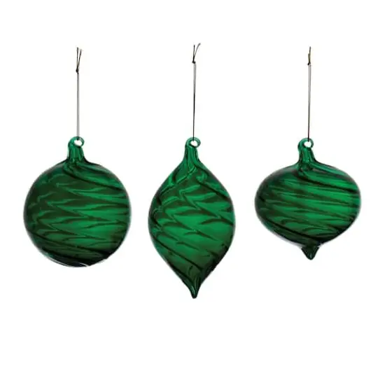 Emerald Green Swirl Glass Ornaments Set {3}