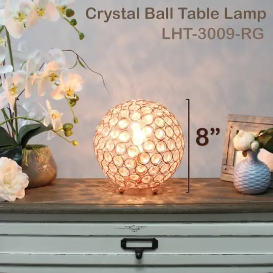 Lalia Home 8" Medium Metal Crystal Round Orb Table Lamp Rose Gold {5}