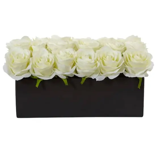 6" White Dozen Roses in Black Rectangular Ceramic Planter {1}