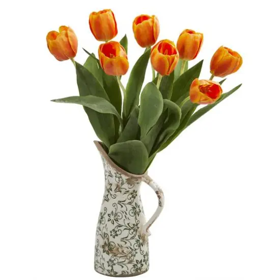 19" Tulip Arrangement in Floral Pitcher Orange {1}