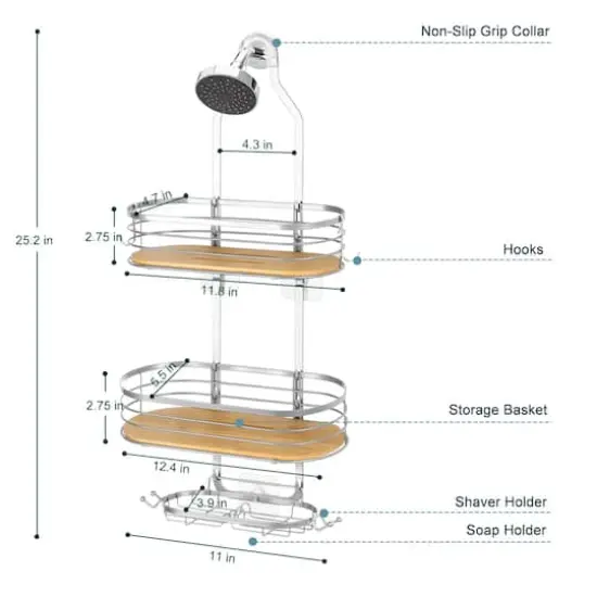 NEX&trade; Silver Stainless Steel & Bamboo Hanging Caddy Shower Organizer with Hooks {3}