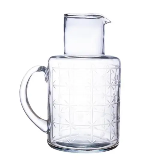 Hello Honey® 32oz. Clear Hand-Blown Etched Reclaimed Glass Pitcher with Tall Neck & Handle {7}