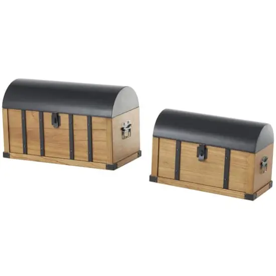 Brown Studded Storage Trunk with Black Metal Arched Tops & Vertical Strips Set {1}